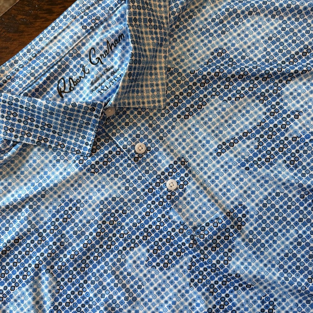 Robert Graham Polo Shirt Mens 3XL Blue Geometric Skull camo Long Sleeve Stretch